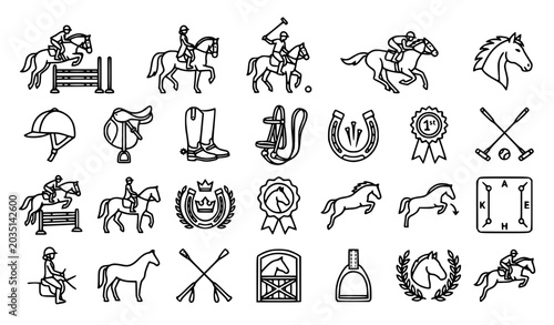 Foto Monochrome equestrian and horse sport icon collection with editable stroke symbo
