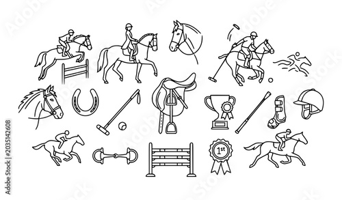 Bild auf Leinwand Minimal black and white equestrian line art icon set with horse riding sport sym
