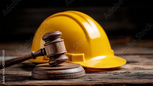 Gavel and yellow hard hat on wooden surface symbolizing construction accident lawyer and legal claim for worker injury.