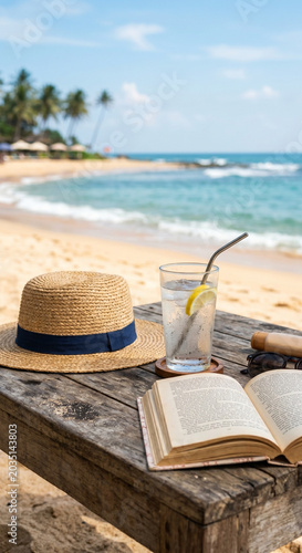 Open book beach travel props with straw hat, sunglasses and towel on rustic table overlooking sandy shore, blue sea and palm trees
