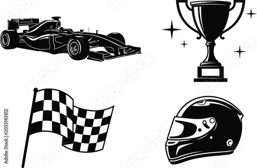 Black and white of a race car trophy checkered flag and helmet racing car motorsport