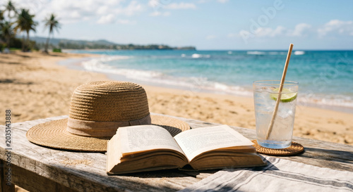 Straw hat beach travel props with open book, white towel and lemonade glass on table above sandy tropical beach and turquoise water