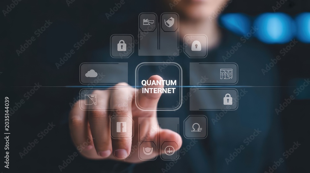 Naklejka premium Person touches a glowing quantum internet interface displaying futuristic security icons with a sleek blue light and digital technology aesthetic