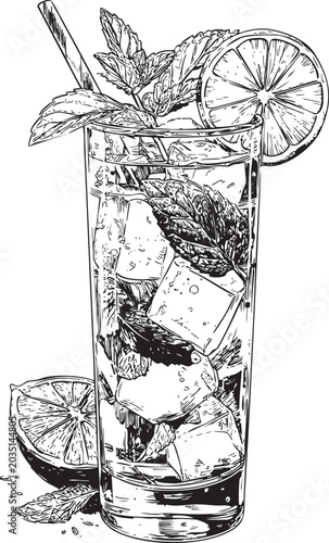 a detailed black line vector illustration of a mojito cocktail with mint and lime in a highball glass