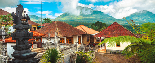 Beautiful panorama with Bali village and volcano, Indonesia
