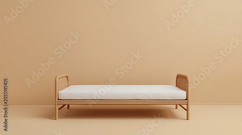 Minimalist wooden bed frame with white mattress against beige wall.