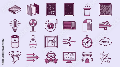 Photos Air Quality and Ventilation Icons Set: Filters, Purifiers, Monitoring