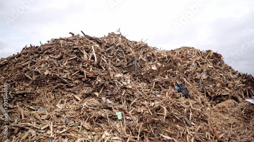 Landfill. Wood processing. Recycling. Ecology. Large mountains of bulk wood biomass. Wood recycling and processing.