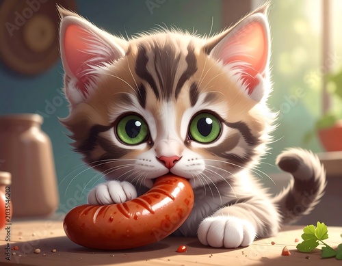 Adorable Striped Kitten Biting Sausage on Wooden Table in Sunlit Kitchen