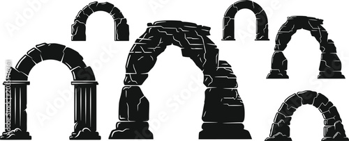 Collection of black stone arches and ancient ruins silhouettes