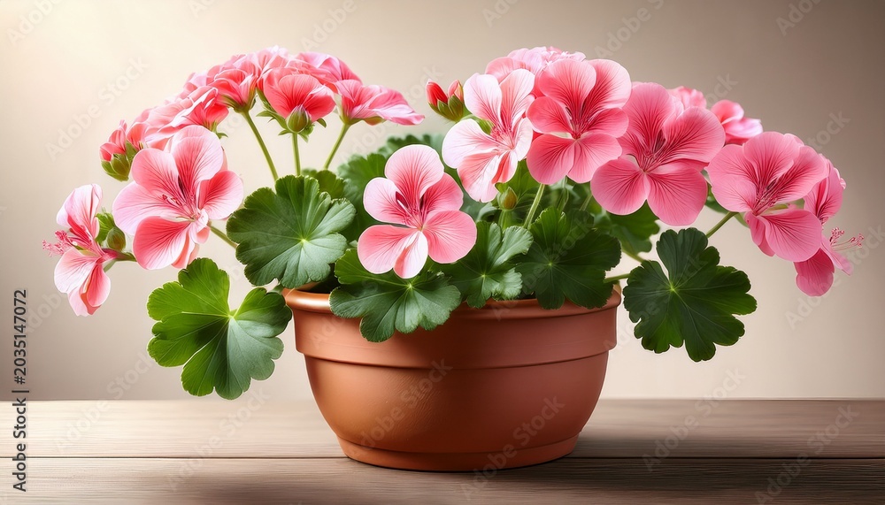 Fototapeta premium Geranio En Flor Que Representa Belleza Natural Jardineria Decorativa Colorido Estacional Y Cuidado De Plantas Ornamentales Geranio Rosado En Maceta De Terracota Con Flores Vibrantes Y Hojas Verdes