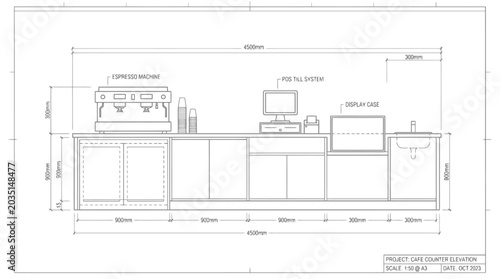 Foto Architectural elevation drawing of a cafe counter with dimensions and labels arc