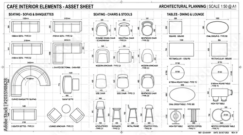 Tableau sur toile Asset sheet of cafe interior elements including seating, chairs, stools, and tab