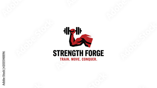 Φωτογραφία Strength Forge Fitness Gym Logo with Muscular Arm and Dumbbell