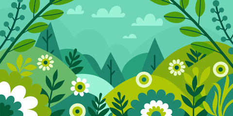 Gordijnen Koraalgroen Green landscape vector illustration with stylized hills and floral elements  © Rahul