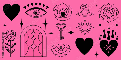 Foto Gothic Esoteric Symbols Collection Black Line Vector Illustration On Pink