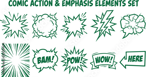 Tableau sur toile Comic action and emphasis elements set green explosion shapes words bam pow wow and here on transparent background