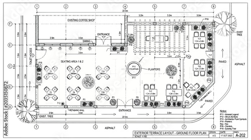 Schilderij op canvas Exterior terraced layout ground floor plan for an existing coffee shop with land