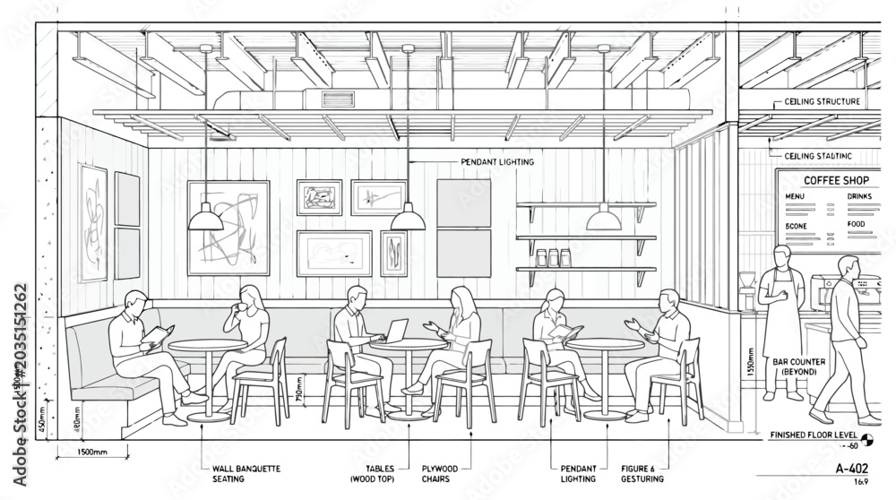 Fototapeta premium Interior perspective drawing of a contemporary coffee shop with patrons enjoying the space coffee shop interior