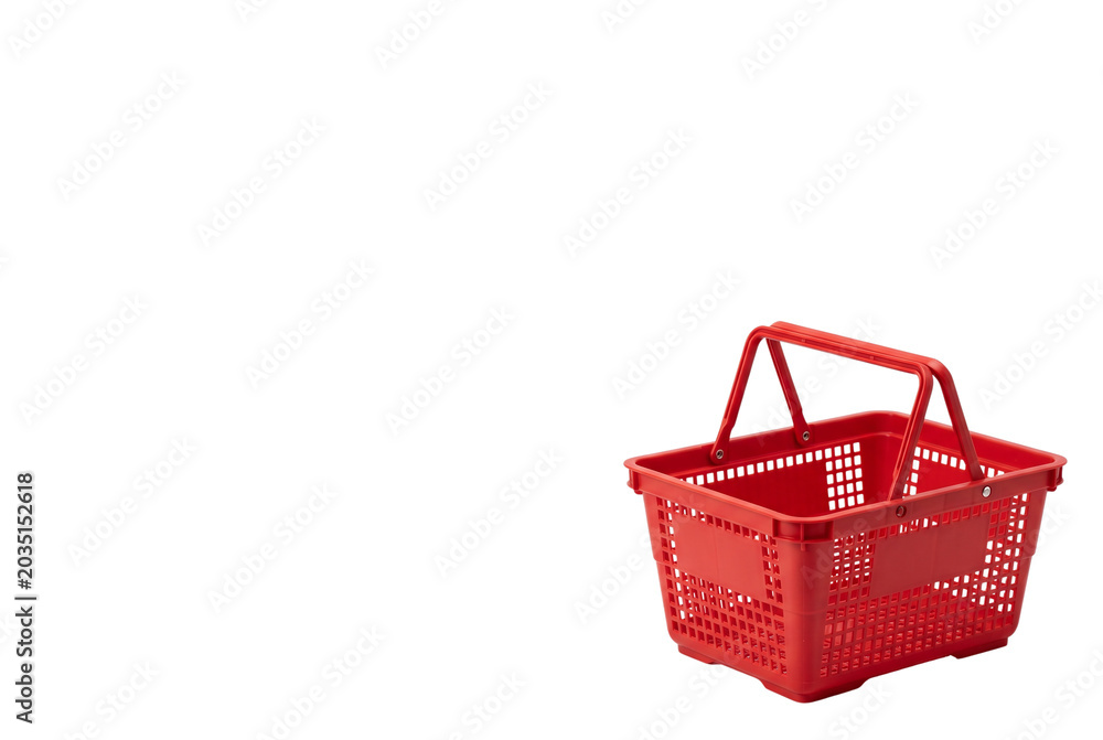 Fototapeta premium Empty red plastic shopping basket with handles isolated