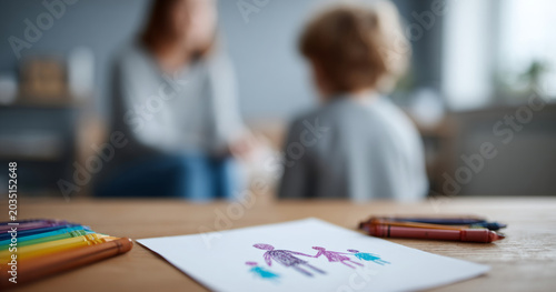 Child drawing with mother in background