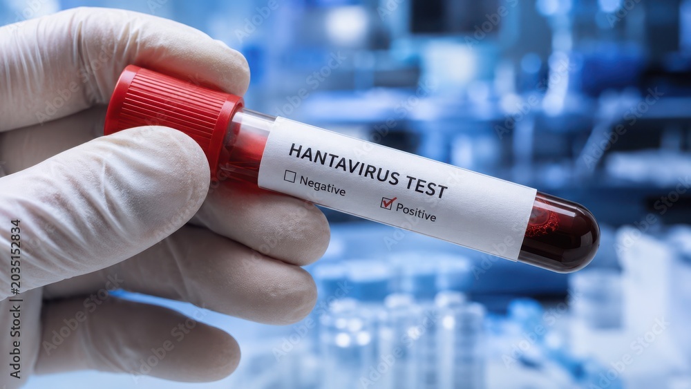 Naklejka premium Medical professional wearing gloves holds hantavirus test sample tube with positive result indicated in lab.