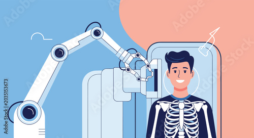 Advanced medical technology with a robotic arm performing an X-ray scan on a man to show his internal ribs and spine.