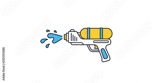 Colorful plastic water gun toy sprays a splash of blue water droplets as if in a fun summer pool or garden game.