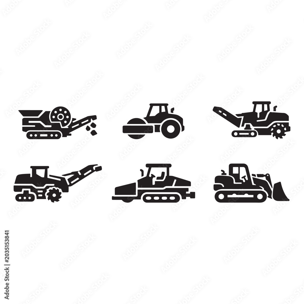 Obraz premium Heavy Equipment Vehicle SetProfessional heavy equipment vehicle glyph icon set for industrial construction and engineering projects.