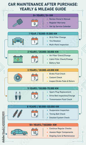 Infographic representing car maintenance schedule and mileage service guide with auto parts icons.