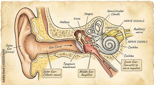 Detailed Anatomical Illustration of the Human Ear Structure and Functionality
