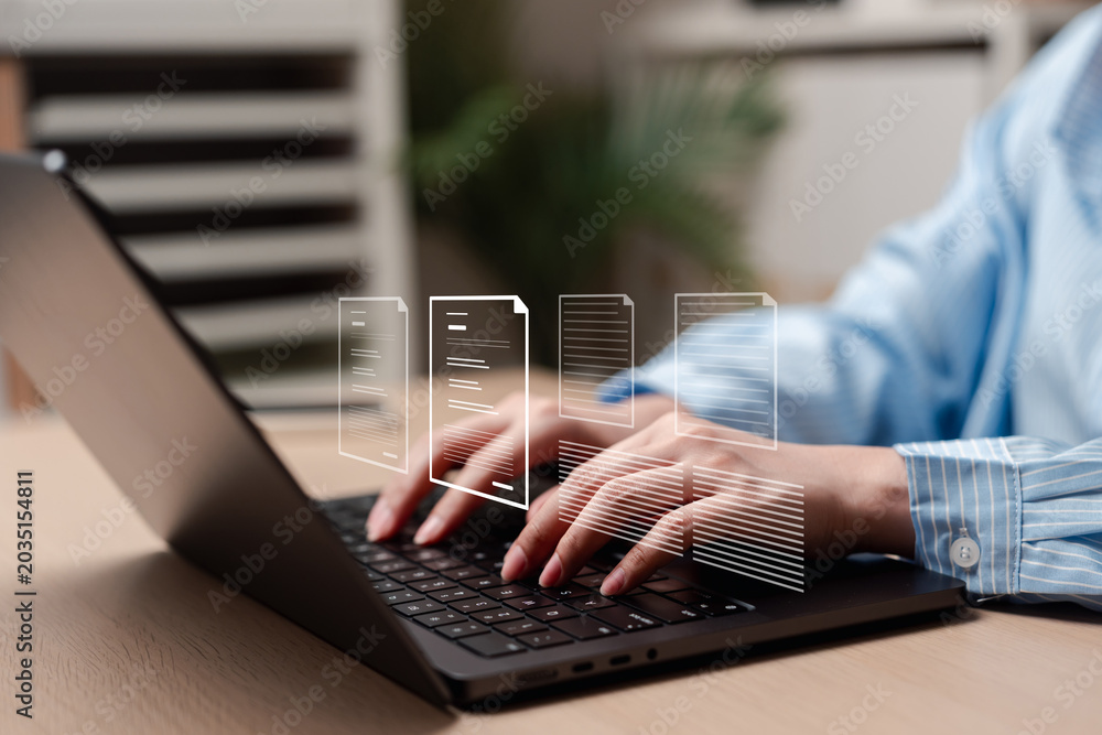Obraz premium Writer typing news article and digital content creation. Hand working on computer laptop for internet blog publishing and storytelling.