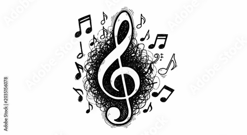 Tableau sur toile A treble clef surrounded by musical notes.