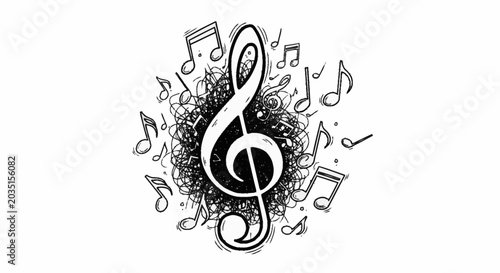 Quadro em tela A black and white illustration of a treble clef surrounded by musical notes