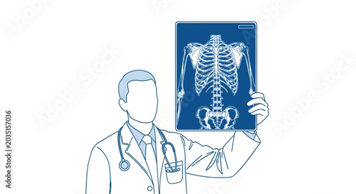 Illustration of a doctor in a white coat showing an X-ray of a human skeleton against a plain white background, emphasizing medical expertise and anatomy