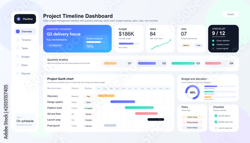 Project Timeline Dashboard with Gantt Chart UI. Clean project management dashboard showing quarterly roadmap, Gantt chart, budget tracking, tasks, risks, checklist, ui, progress cards. Vector Web App