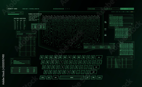 Green Cybersecurity Grid Terminal Interface. Cyberpunk UI with matrix code, node logs, virtual keyboard, metrics, alerts, and internal monitor panels for hacking, network security. Vector HUD panels
