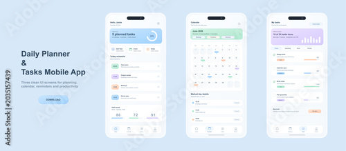 Daily Planner and Tasks Mobile App UI Screens. Clean productivity app mockup with three smartphone screens showing daily schedule, calendar and other. Mobile Phone App Mockup with UI, UX, Kit. Vector 