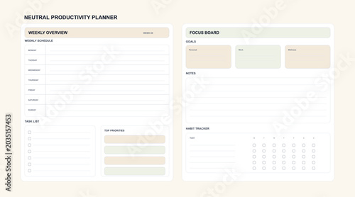 Neutral Productivity Planner Weekly Template Layout. Minimal productivity planner template with weekly schedule, task list, priorities, focus board, goals, notes. Blank template planner. Vector mockup