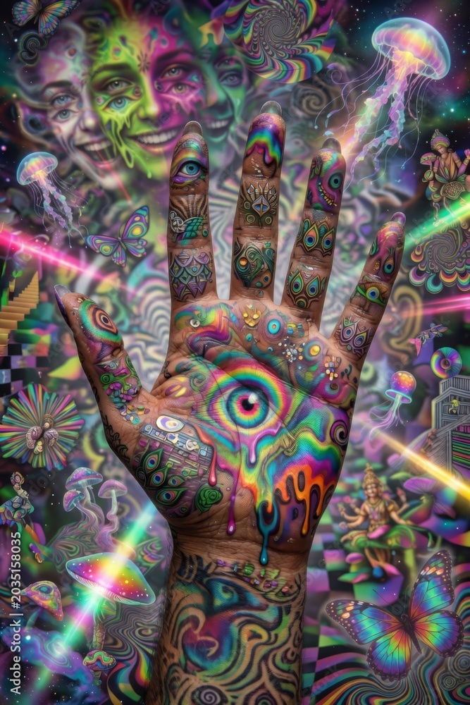 Naklejka premium Mano mistica psichedelica con occhio centrale, funghi magici e visioni surreali dai colori neon