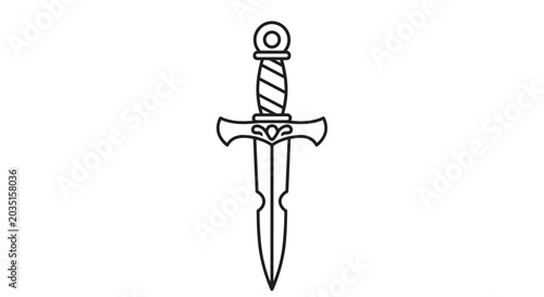 Minimalist black and white line art illustration of a medieval dagger with a decorative hilt and pointed sharp blade.