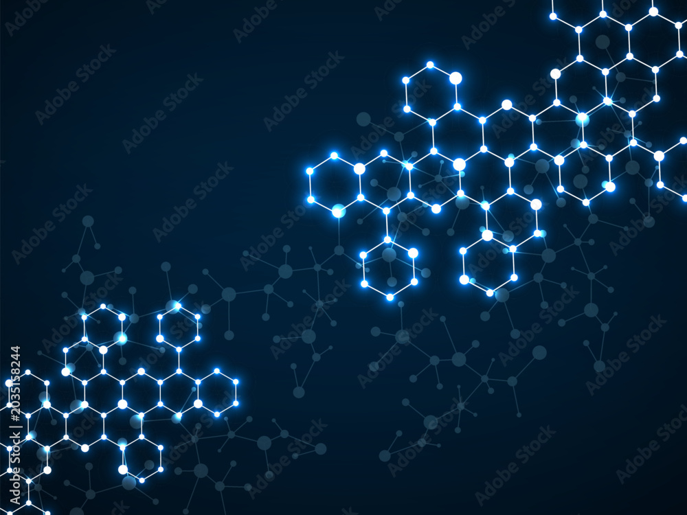 Fototapeta premium Abstract hexagonal molecules, glowing molecular structure of DNA. Technology background and science design