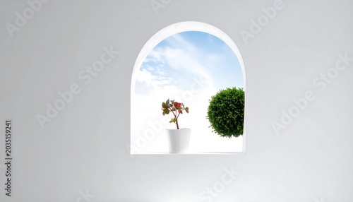 Minimalist Arched Window Framing Blue Sky with Potted Plant on White Wall