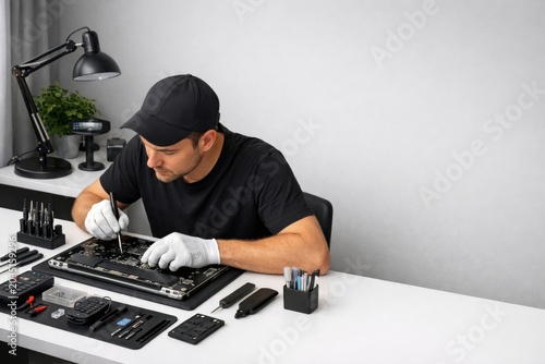 Professional technician repairing laptop motherboard at clean workspace with precision tools and focused attention