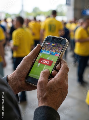 Close Up of Weathered Hands Holding Smartphone with Goal Notification