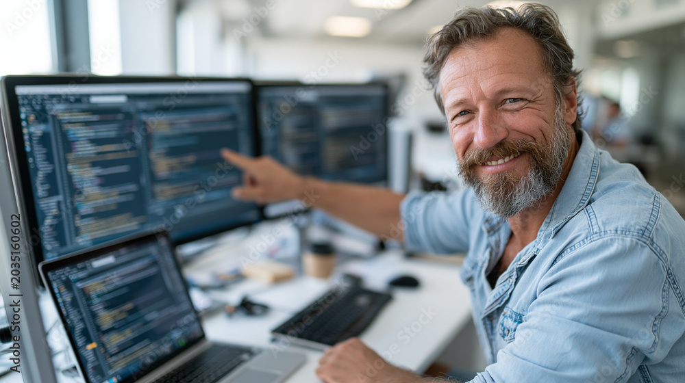Fototapeta premium Smiling Coder at Work: A middle-aged man with a beard, dressed casually, smiles at the camera while pointing at a computer screen filled with code, sitting in a modern office environment.