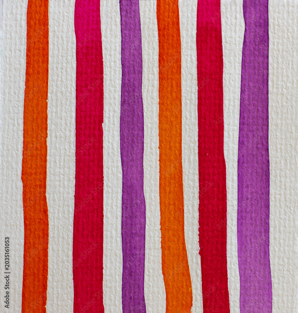 Fototapeta premium Bright orange, pink, and purple vertical painted stripes on white paper texture