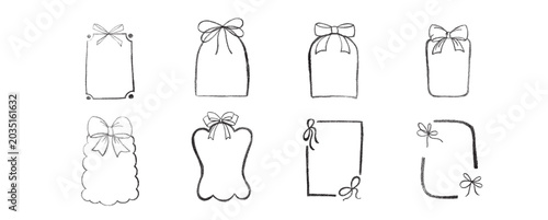 Hand draw frames with bow and ribbon set, crayon or chalk grunge texture. Vector stock illustration isolated on white background for design template wedding, birthday or Christmas invitation.