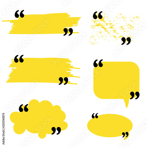 Yellow quote text box template set, quotation marks, paintbrush strokes and speech bubbles, vector illustration.
