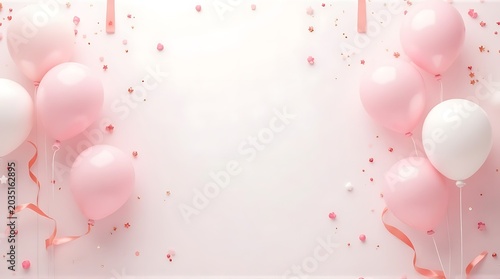 Soft Pink Balloons with Confetti and Ribbons in Festive Setting